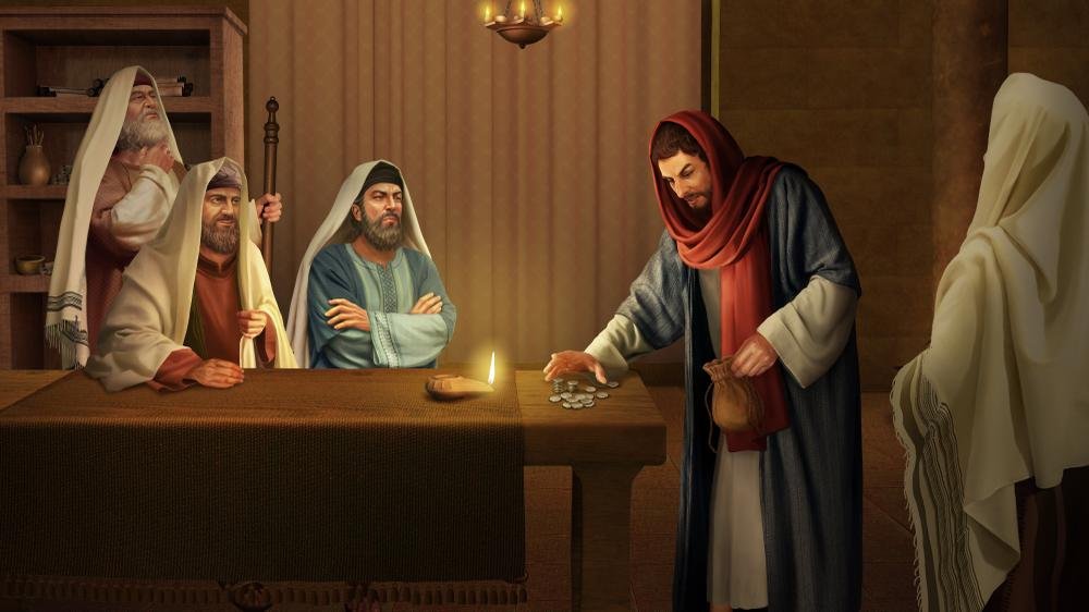 Judas Puts Money Into His Bag After Selling Out The Lord